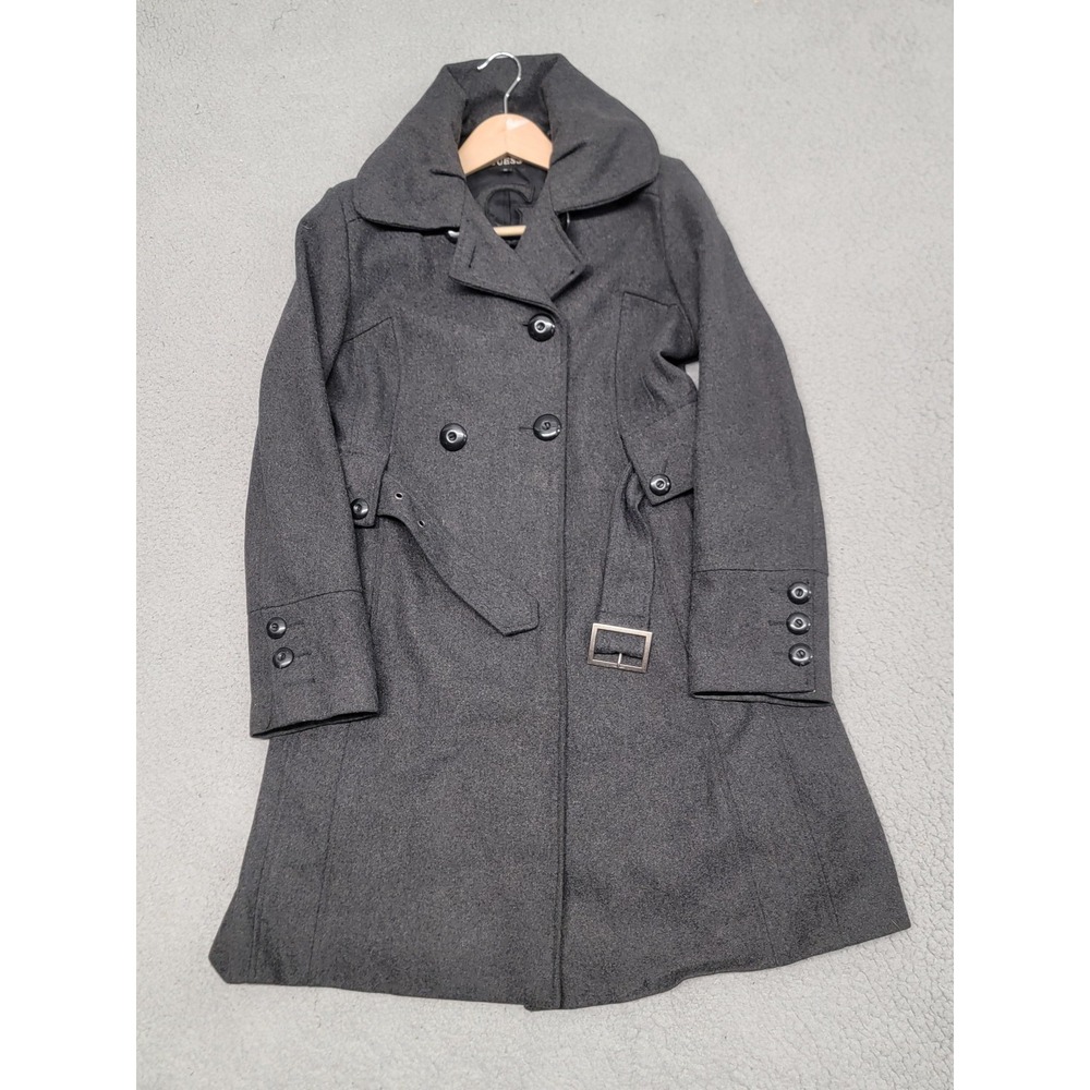Guess Coat Womens Medium Gray Wool Blend Belted Long‎ Overcoat Double Breasted